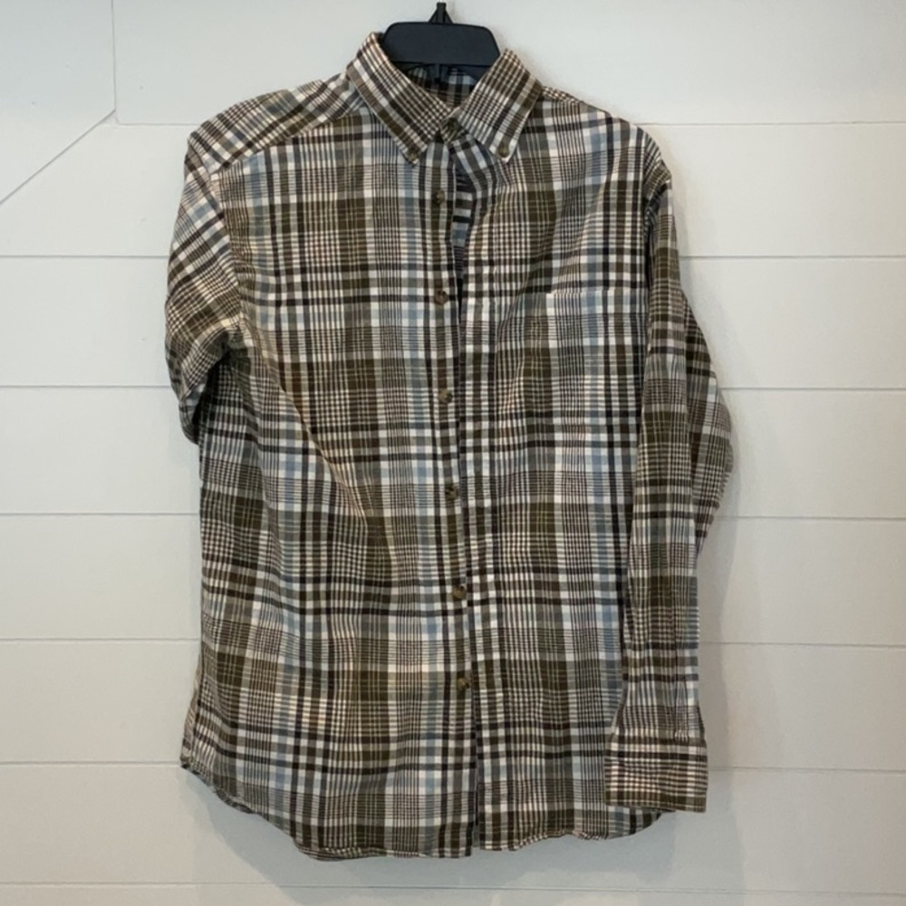 Roundtree & Yorke Plaid Flannel Shirt Green Long Sleeve Medium